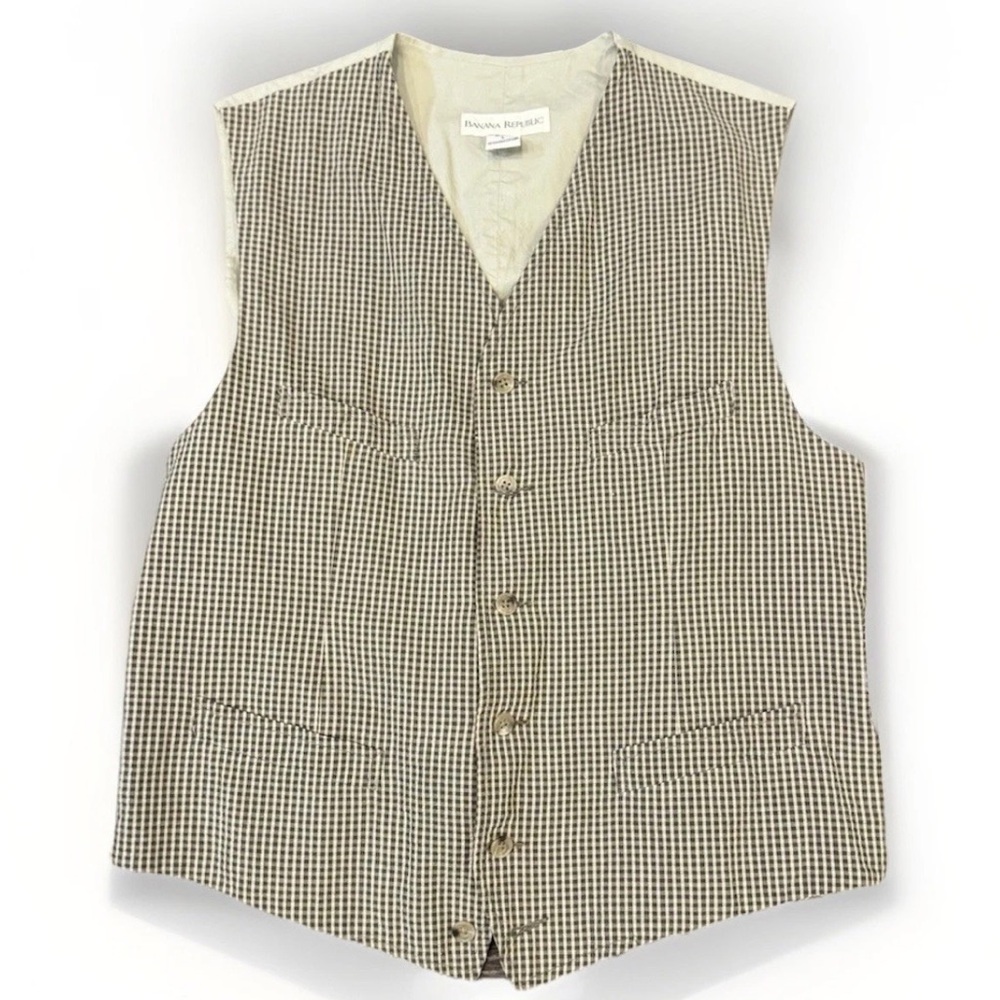 Banana Republic Men’s Vintage Plaid Vest Beige Size Large 5 Button 100% Cotton